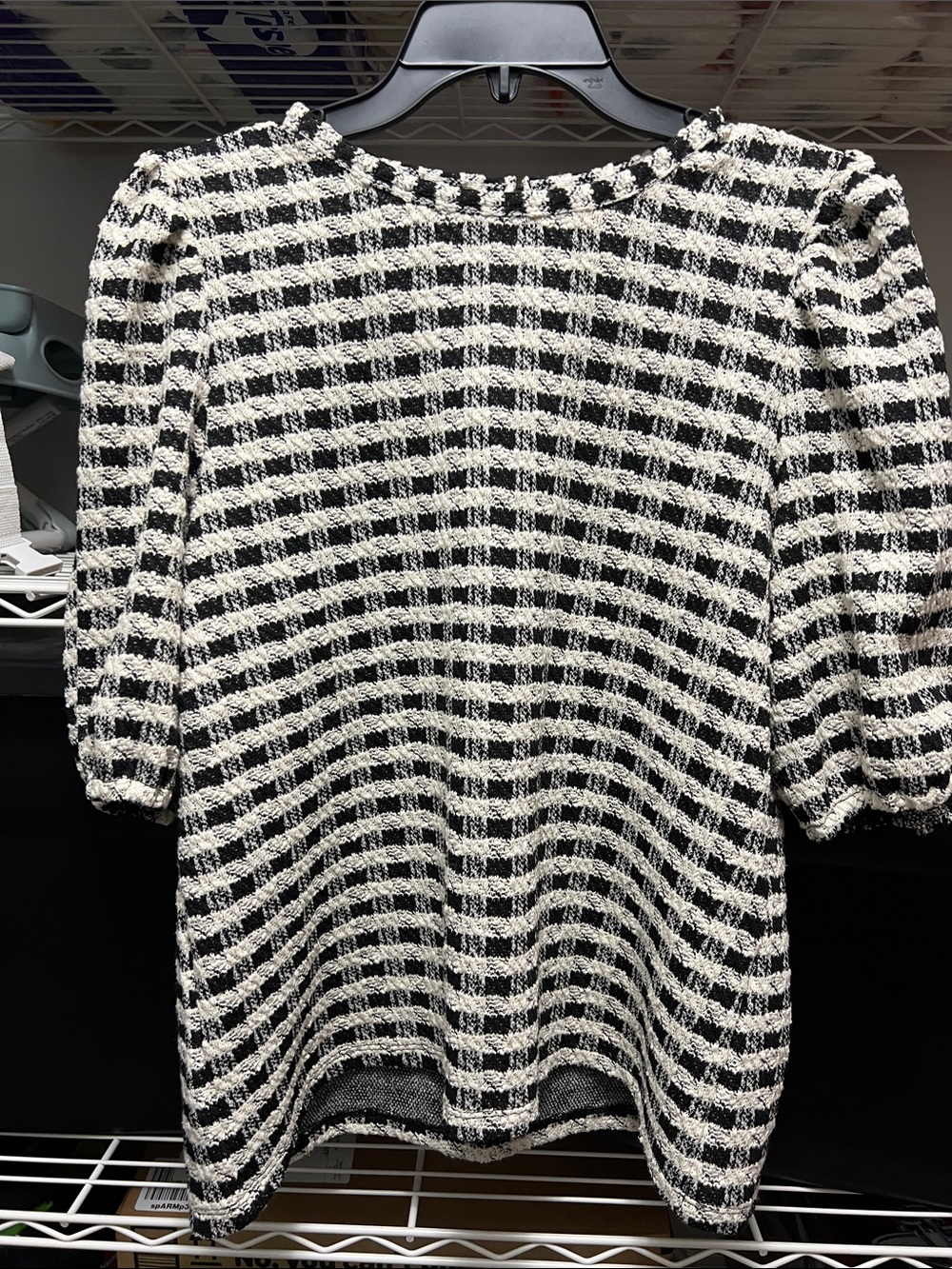 LOFT Black and White Textured Check Puff Sleeve Top